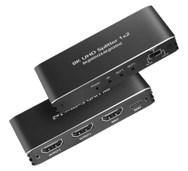 Cплиттер - разветвитель 1×2 HDMI UltraHD 8K 60Гц / 4K 120Гц, 48 Гбит/c, поддержка HDCP2.3 и Dolby Vision, черный