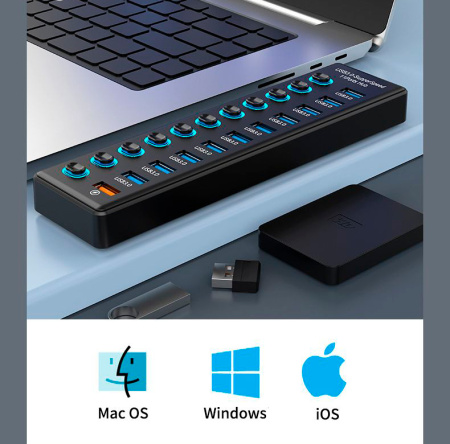 Хаб - концентратор USB3.0 11 портов mod. 611-10/1, до 5 Гбит/с, активный 12V с кнопками, быстрая зарядка, ABS-пластик