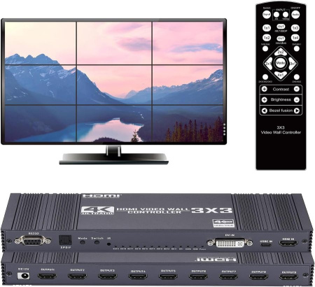 Контроллер видеостены HDMI v2.0 UltraHD 4K PRO до 9 экранов 3x3, оптика (Toslink/SPDIF), RS232, пульт ДУ