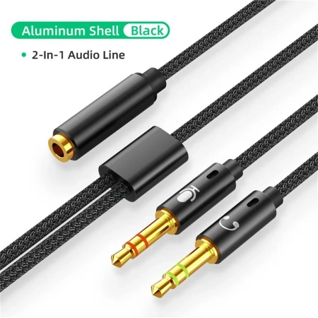Кабель - соединитель jack 3.5mm (AUX) и jack 3.5mm (MIC) на jack 3.5mm (AUX+MIC), папа-мама, 0,25 метра, черный