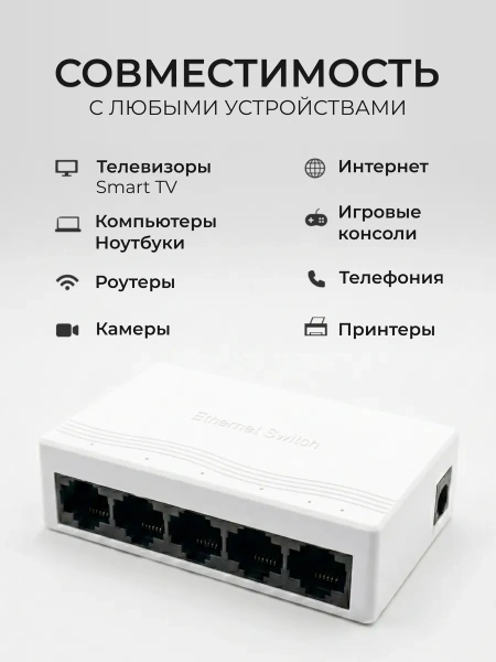 Сетевой свитч – LAN разветвитель – хаб RJ45 на 5 портов, 10/100 Мбит/с