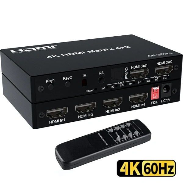 Матричный коммутатор - свитч-сплиттер 4×2 HDMI PRO, 4K 60HZ, оптика (Toslink/SPDIF), jack 3.5mm (AUX), пульт, черный