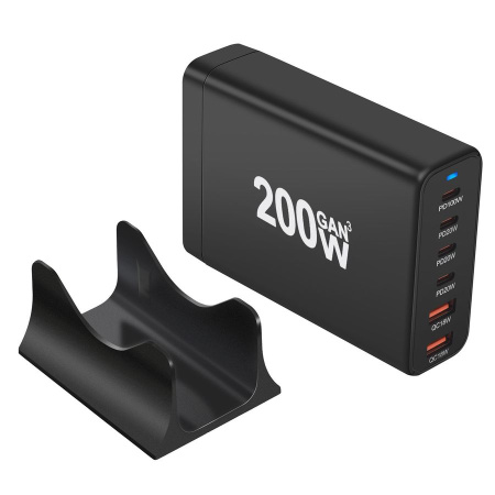 Настольное зарядное устройство - зарядная станция на 6 портов 200W USB-C / USB mod. 1006P200WB, быстрая зарядка, пластик, черный