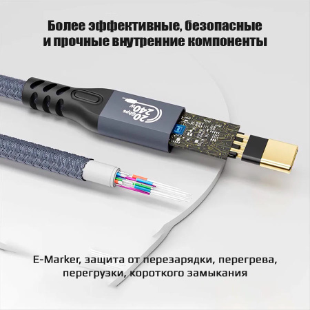 Кабель USB3.2 Type-C чип E-Marker, 4K 60Гц, PD 240W (48V/5A), 20 Гбит/с, экранирование, оплетка, папа-мама, 3 метра