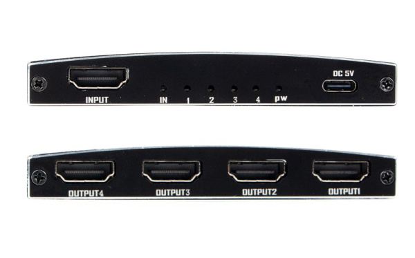 Cплиттер - разветвитель 1×4 HDMI 2.0 PRO UltraHD 4K 60Гц, 18.5 Гбит/c, поддержка HDCP2.2, HDR, 600MHz, ультра-тонкий, черный