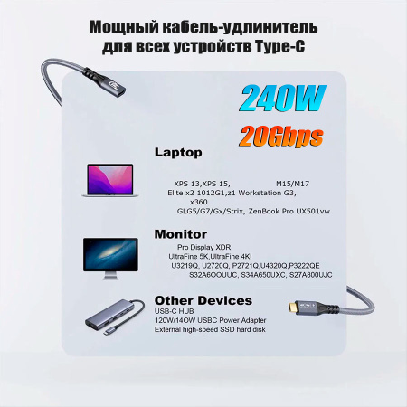 Кабель USB3.2 Type-C чип E-Marker, 4K 60Гц, PD 100W (20V/5A), 20 Гбит/с, экранирование, оплетка, папа-мама, 5 метров