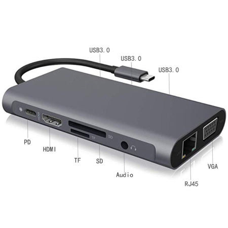 Адаптер - переходник - хаб 8in1 USB3.1 Type-C на HDMI - VGA - 3x USB3.0 - RJ45 (LAN) до 1000 Мбит/с - jack 3.5mm (AUX) - картридер SD, серый