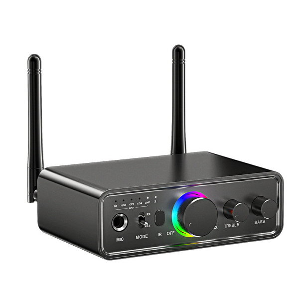 Аудио адаптер Hi-Fi M18 Bluetooth v5.3 (TX/RX) - оптика (Toslink/SPDIF) / AUX 3.5мм / RCA / USB, функция караоке (MIC 6,35мм), регулировка звука, тембра и громкости микрофона, пульт ДУ