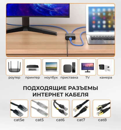 Cплиттер - разветвитель 1×2 RJ45 1000 Мбит/с, активный, черный