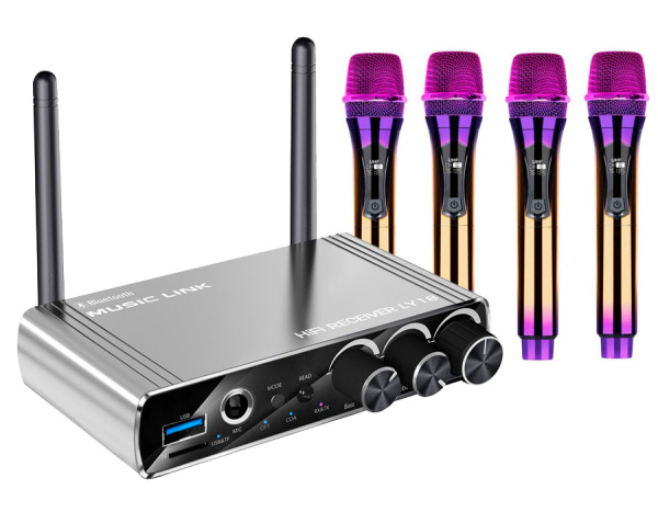 Караоке-система Аудио адаптер Hi-Fi LY18, беспроводной микрофон DM-584, комплект: 4 микрофона + приемник, цветной