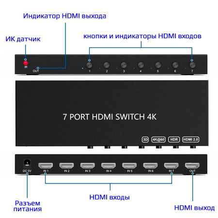 Переключатель - свитч HDMI 7x1, UHD 4K 60Hz