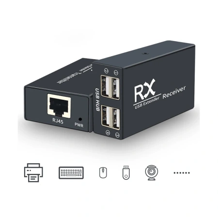 Адаптер - USB удлинитель по сетевому кабелю RJ45 до 200 метров для клавиатуры, мышки, камеры, принтера, комплект, черный