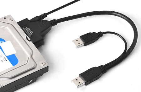 Адаптер - переходник - кабель SATA - 2x USB2.0 для жесткого диска SSD/HDD 2.5″/3.5″ с разъемом питания, черный