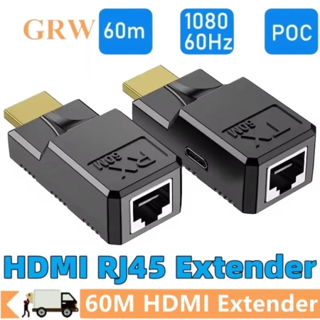 Удлинитель сигнала HDMI по витой паре RJ45 (LAN) MINI до 60 метров, активный, FullHD 1080p, комплект, черный