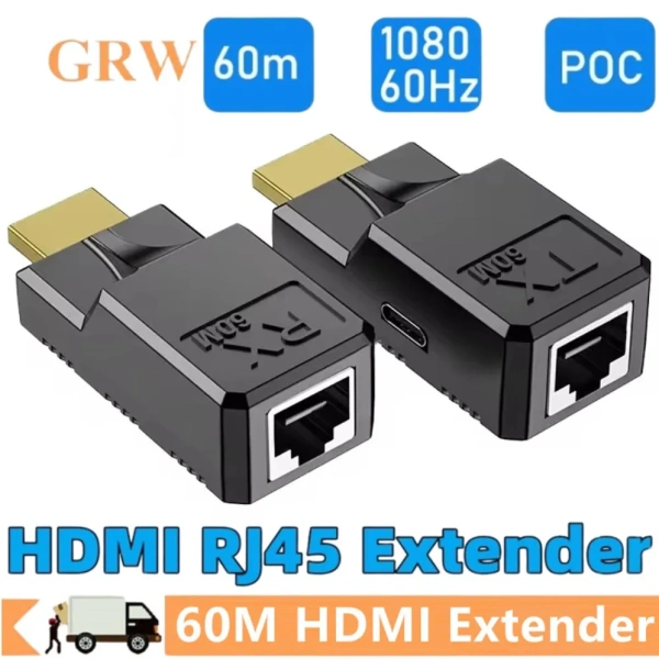 Удлинитель сигнала HDMI по витой паре RJ45 (LAN) MINI до 60 метров, активный, FullHD 1080p, комплект, черный