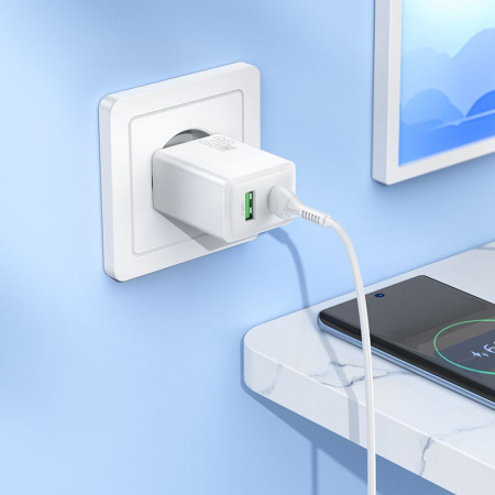 Зарядное устройство сетевое - блок питания HOCO N69 с кабелем, USB Type-C PD20W + USB QC3.0, белый