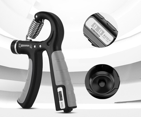 Тренажер для кисти и запястья со счетчиком и с регулировкой нагрузки от 5 до 60 кг - эспандер, черно-серый