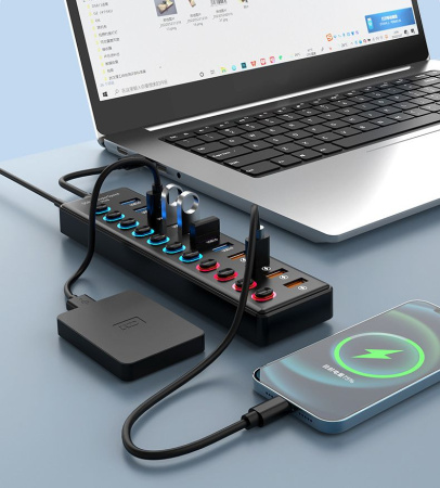 Хаб - концентратор USB3.0 11 портов mod. 611-10/1, до 5 Гбит/с, активный 12V с кнопками, быстрая зарядка, ABS-пластик