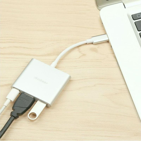 Адаптер - переходник - хаб USB3.1 Type-C на HDMI - USB3.1 Type-C - USB3.0, серебро