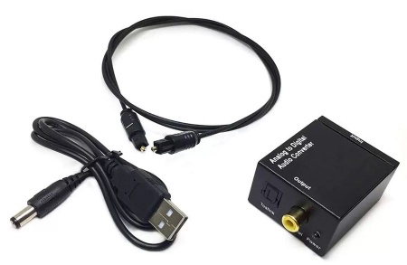 Адаптер - переходник, аудио-преобразователь с RCA (тюльпаны) на оптику (Toslink/SPDIF), черный