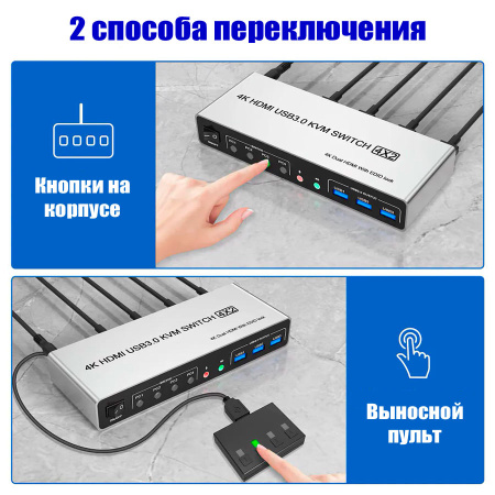 Адаптер - KVM-переключатель 4×2 HDMI v2.0 – 4K 60Гц, USB3.0, jack 3.5 мм + MIC, алюминий