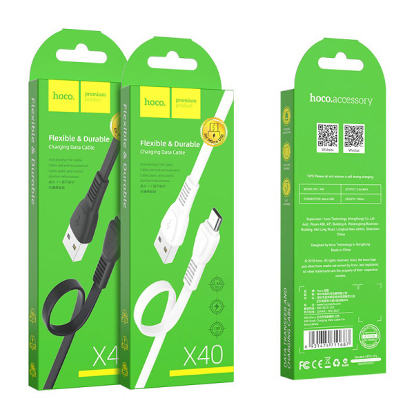 Зарядный USB дата кабель HOCO X40 MicroUSB, 2.4A, 1м, плоский, белый