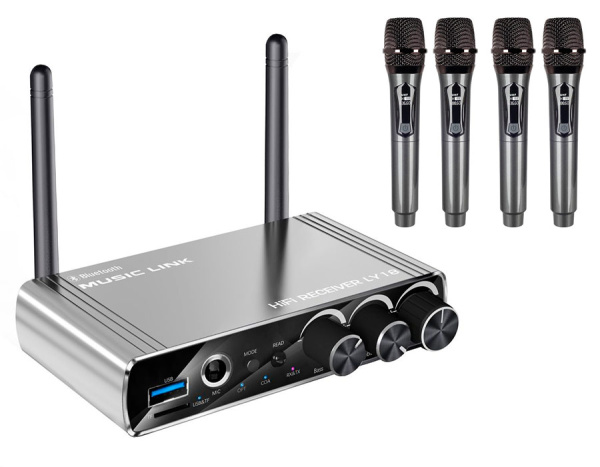 Караоке-система Аудио адаптер Hi-Fi LY18, беспроводной микрофон DM-684, комплект: 4 микрофона + приемник