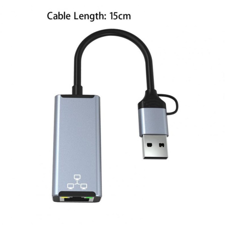 Адаптер - переходник USB Type-C / USB Type-A - RJ45 (LAN) до 100 Мбит/с, серый