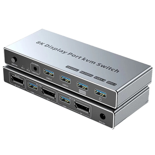 Адаптер - 2-х портовый KVM-переключатель DisplayPort v1.4 – 8K 60Гц / 4K 240Гц, USB3.0, HDR, алюминий