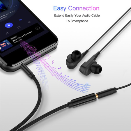 Кабель jack 3.5mm (AUX), папа-мама, 0,5 метра, ткань, черный