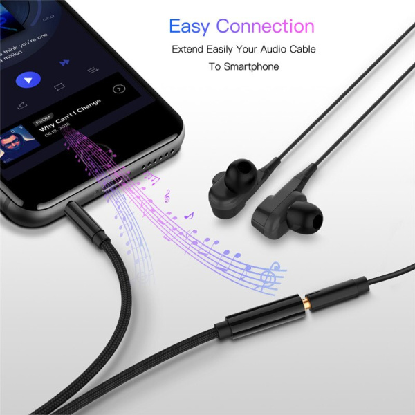Кабель jack 3.5mm (AUX), папа-мама, 0,5 метра, ткань, черный
