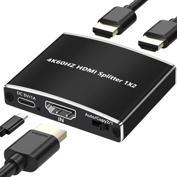 Cплиттер - разветвитель 1×2 HDMI 2.0 PRO UltraHD 4K 60Гц, 18.5 Гбит/c, поддержка HDCP2.2, HDR, EDID, 600MHz, черный