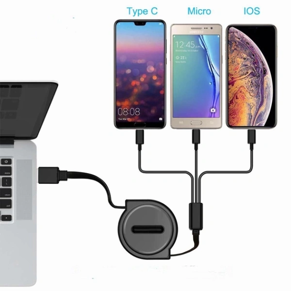 Универсальный зарядный кабель 3-в-1 USB Type-C - Lightning - MicroUSB с боксом для скрутки, 2А, 1 метр, черный
