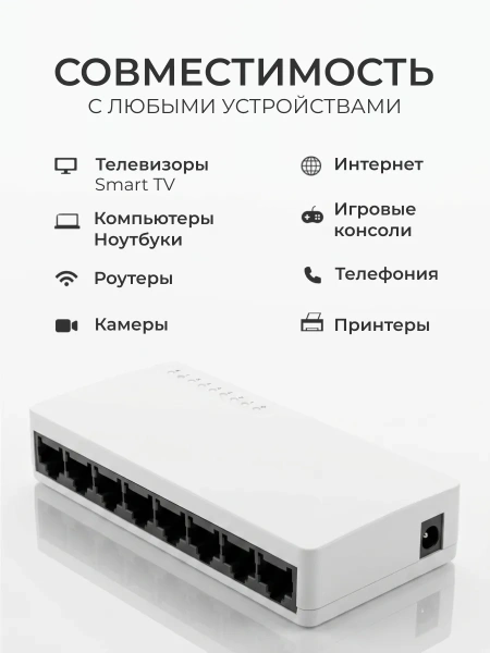 Сетевой свитч – LAN разветвитель – хаб RJ45 на 8 портов, 10/100 Мбит/с, индикация, белый