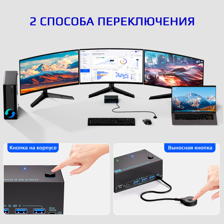 Адаптер – KVM-переключатель 2x3 HDMI 2.1 – 8K 60Гц / 4K 120Гц, USB3.0 / USB-C, черный