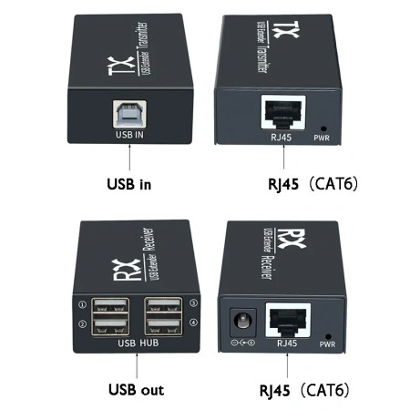 Адаптер - USB удлинитель по сетевому кабелю RJ45 до 200 метров для клавиатуры, мышки, камеры, принтера, комплект, черный