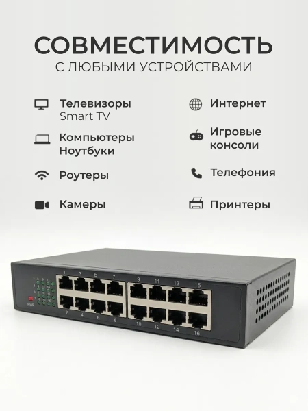 Сетевой свитч – LAN разветвитель – хаб RJ45 на 16 портов, 10/100 Мбит/с, металлический корпус, черный