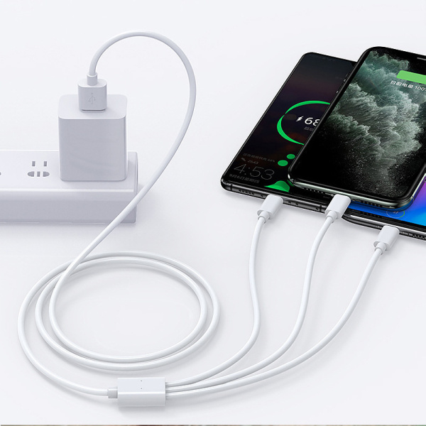 Универсальный зарядный кабель 3-в-1 USB Type-C - Lightning - MicroUSB, 3А, 1 метр, белый