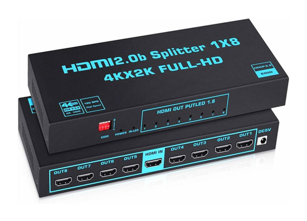 Cплиттер - разветвитель 1×8 HDMI 2.0b PRO UltraHD 4K 60Гц, 18.5 Гбит/c, поддержка HDCP2.2, HDR, EDID, 600MHz, черный