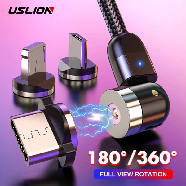 Поворотный зарядный магнитный USB кабель USLION, 1м, черный