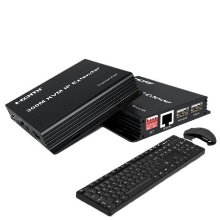 KVM IP-удлинитель HDMI USB по витой паре RJ45 UTP (LAN) до 300 метров, FullHD 1080p, EDID, комплект, черный