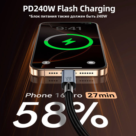Кабель USB5.0 Type-C чип E-Marker, 16K 60Гц, PD 240W (48V/5A), 80 Гбит/с, оплетка, поддержка Thunderbolt 3/4/5, 1 метр
