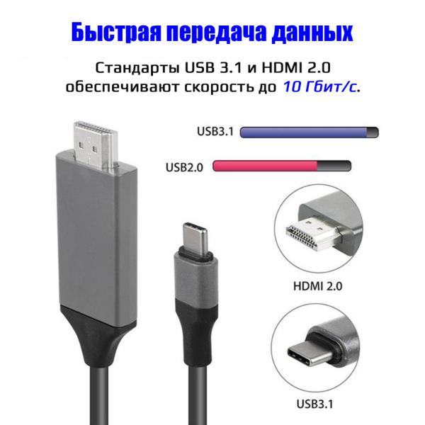 Кабель USB3.1 Type-C - HDMI, UltraHD 4K, 2 метра, черный