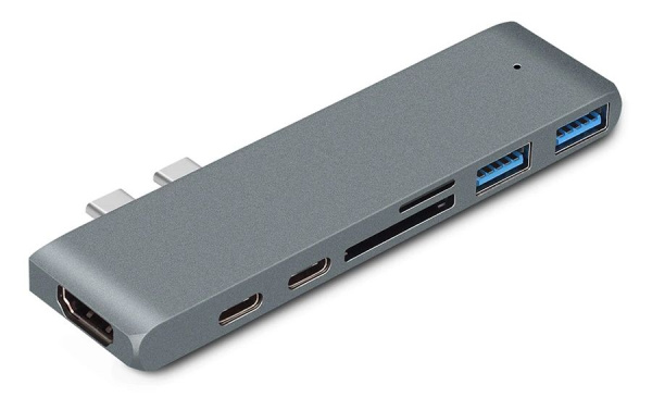 Адаптер - переходник - хаб 7in1 2x USB3.1 Type-C на HDMI - 2x USB3.0 - 2x USB3.1 Type-C - картридер TF/SD, серый