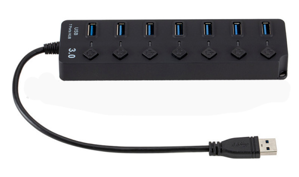 Хаб - концентратор USB3.0 - 7х USB3.0, MOD02 вертикальный с кнопками, активный, черный