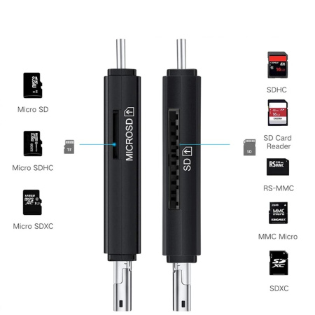 Картридер TF/SD - адаптер для карт памяти - USB Type-C - MicroUSB - USB2.0, черный