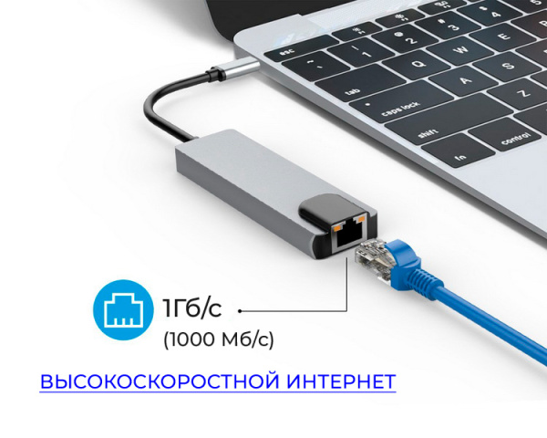 Адаптер - переходник - хаб 5in1 USB3.1 Type-C на HDMI - 2x USB3.0 - USB3.1 Type-C - RJ45 (LAN) до 1000 Мбит/с, серый