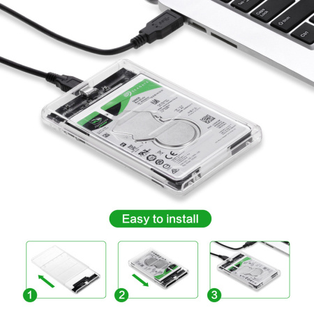 Внешний корпус - бокс SATA - USB3.1 Type-C - USB3.0 для жесткого диска SSD/HDD 2.5”, прозрачный