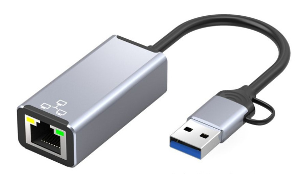 Адаптер - переходник USB Type-C / USB Type-A - RJ45 (LAN) до 1000 Мбит/с, серый