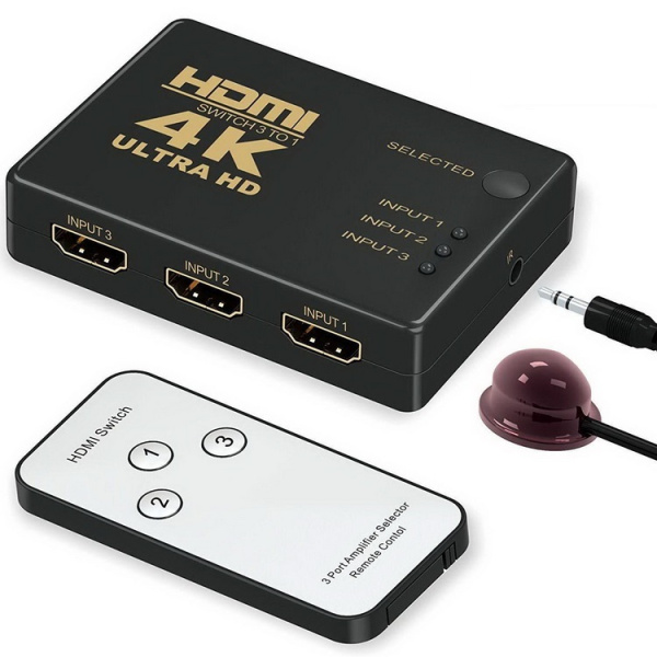 Адаптер - переключатель - свитч 3×1 HDMI, UltraHD 4K 3D, пульт, внешний ИК-датчик, активный, черный